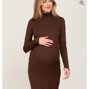 Pinkblush maternity brown ribbed mock neck lettuce trim midi dress